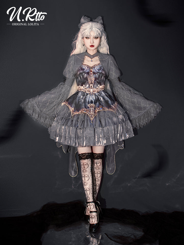 JSK Full Set ♥Pre-order 1 month♥Black Swan Grey Feather ♥Gothic Lolita Dress