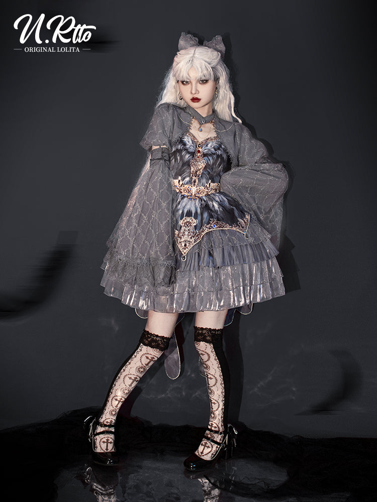 JSK Full Set ♥Pre-order 1 month♥Black Swan Grey Feather ♥Gothic Lolita Dress