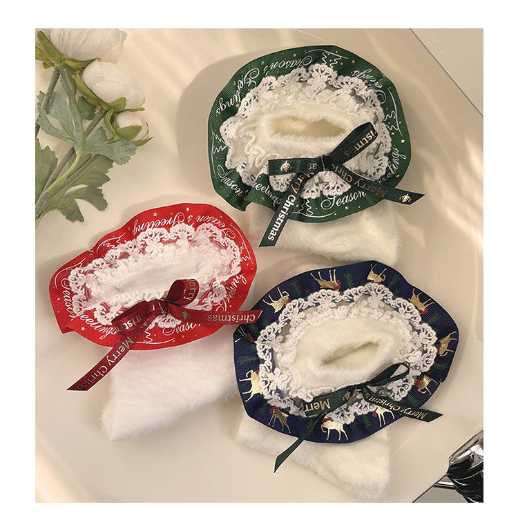 Merry Christmas Nylon Lace Ruffled Trim Short Socks