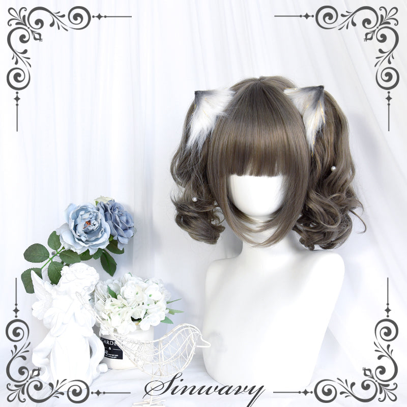 4 Options Flax Gray Short Wig with Removable Ponytails Wig