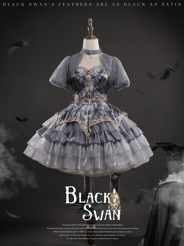 JSK Full Set ♥Pre-order 1 month♥Black Swan Grey Feather ♥Gothic Lolita Dress