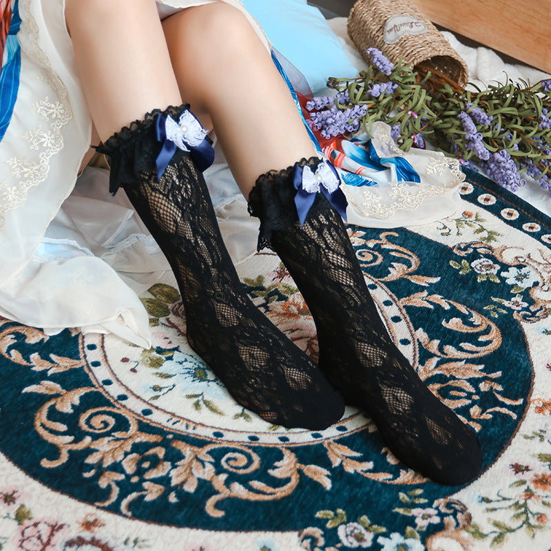 Lace Trimmed Bowknot Decorative Lolita Stocks