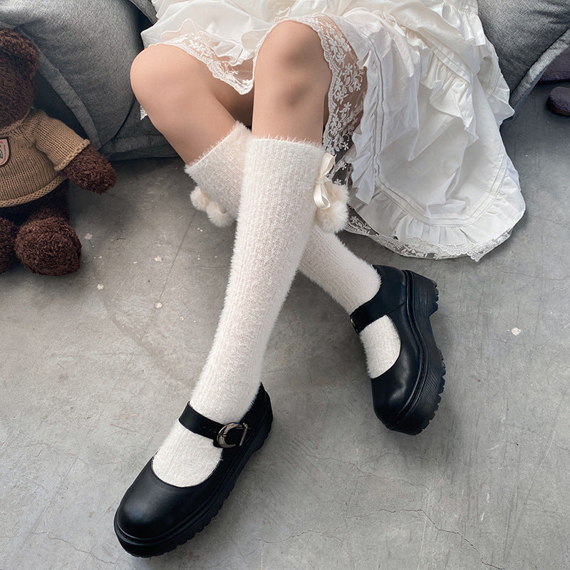 Sweet Lolita Plush Stockings With Small Pom Poms