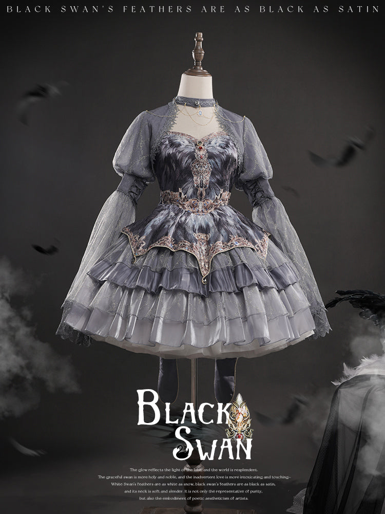 JSK Full Set ♥Pre-order 1 month♥Black Swan Grey Feather ♥Gothic Lolita Dress