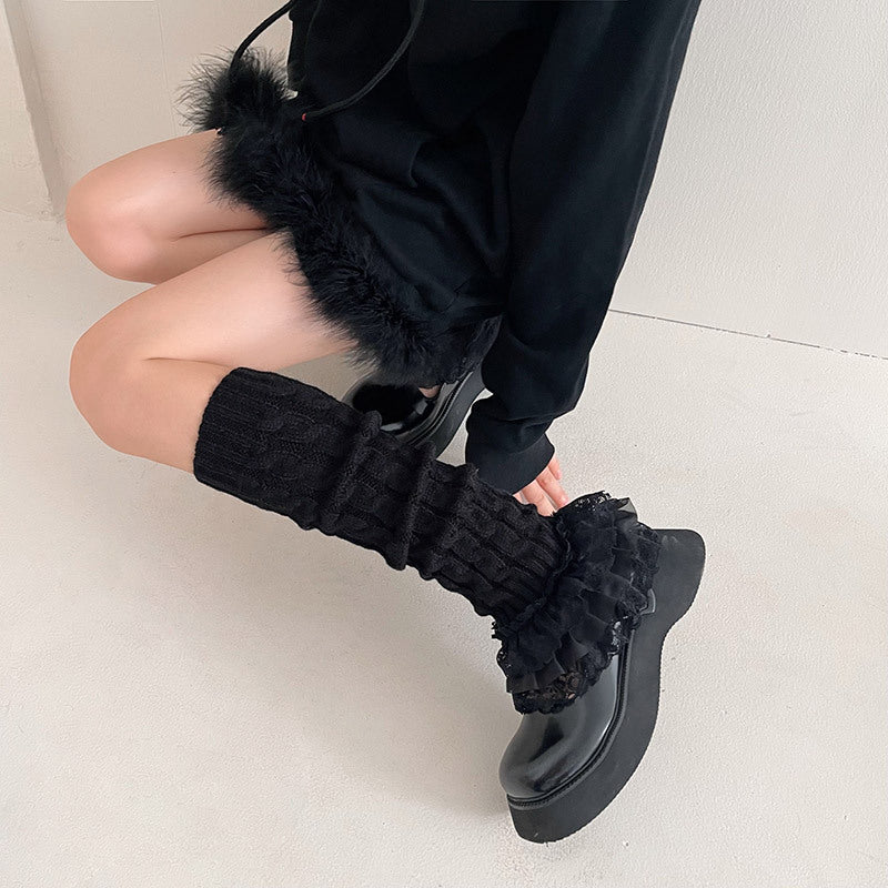 Nylon Lace Ruffled Trim Leg Warmers