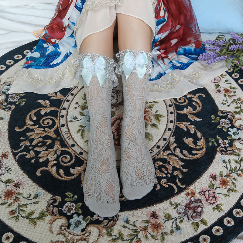 Lace Trimmed Bowknot Decorative Lolita Stocks