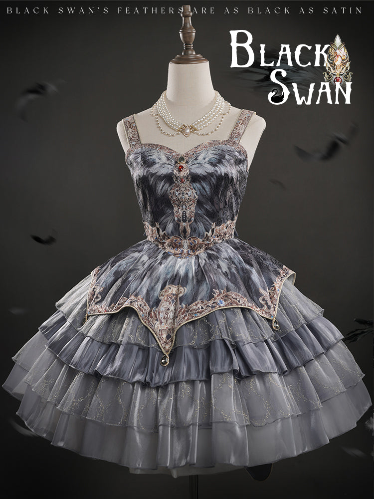 JSK Full Set ♥Pre-order 1 month♥Black Swan Grey Feather ♥Gothic Lolita Dress