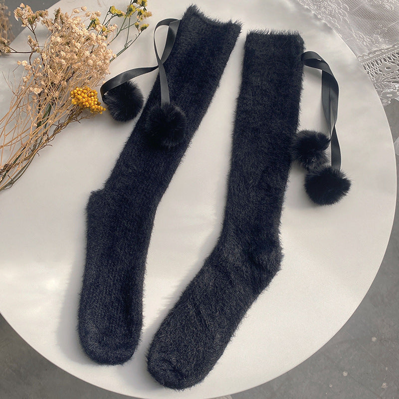 Sweet Lolita Plush Stockings With Small Pom Poms