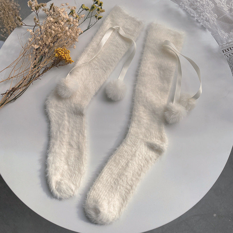 Sweet Lolita Plush Stockings With Small Pom Poms