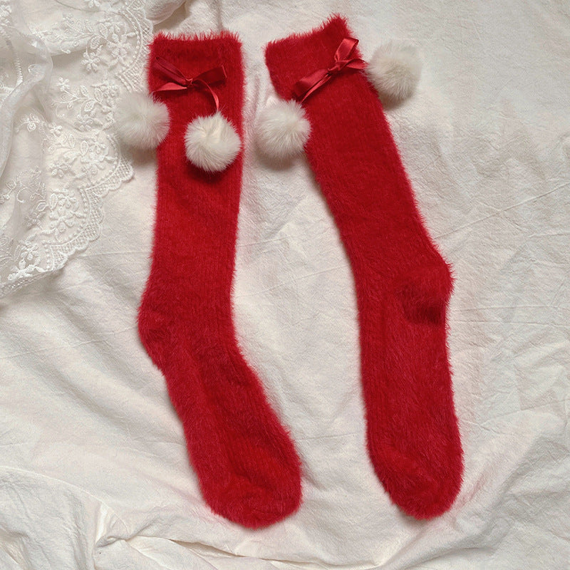 Sweet Lolita Plush Stockings With Small Pom Poms