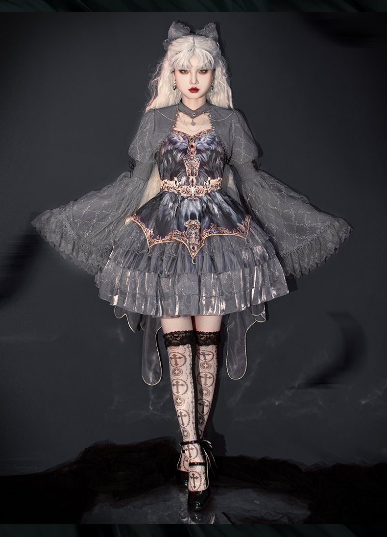 JSK Full Set ♥Pre-order 1 month♥Black Swan Grey Feather ♥Gothic Lolita Dress