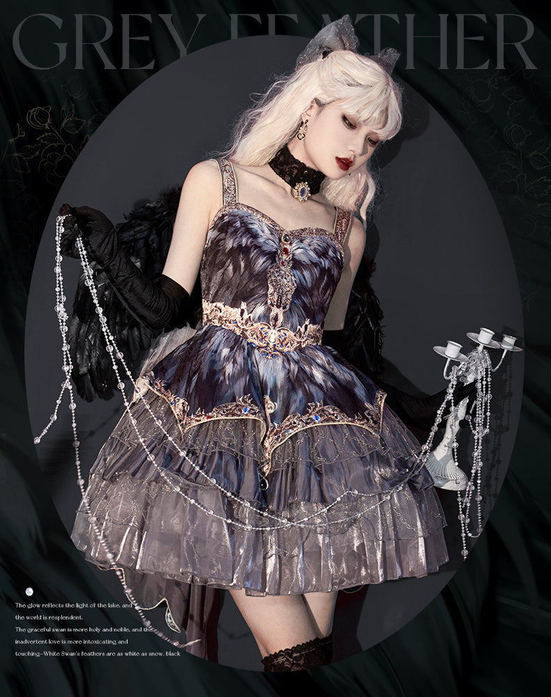 JSK Full Set ♥Pre-order 1 month♥Black Swan Grey Feather ♥Gothic Lolita Dress