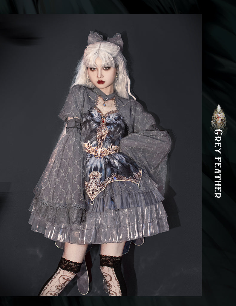 JSK Full Set ♥Pre-order 1 month♥Black Swan Grey Feather ♥Gothic Lolita Dress