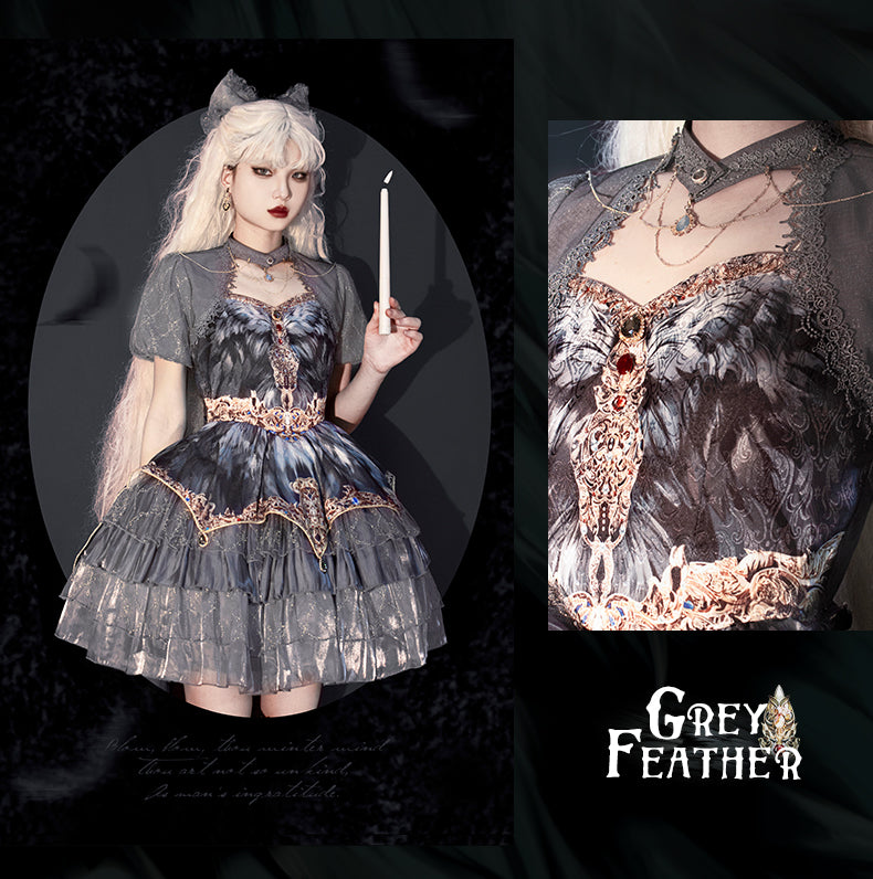 JSK Full Set ♥Pre-order 1 month♥Black Swan Grey Feather ♥Gothic Lolita Dress