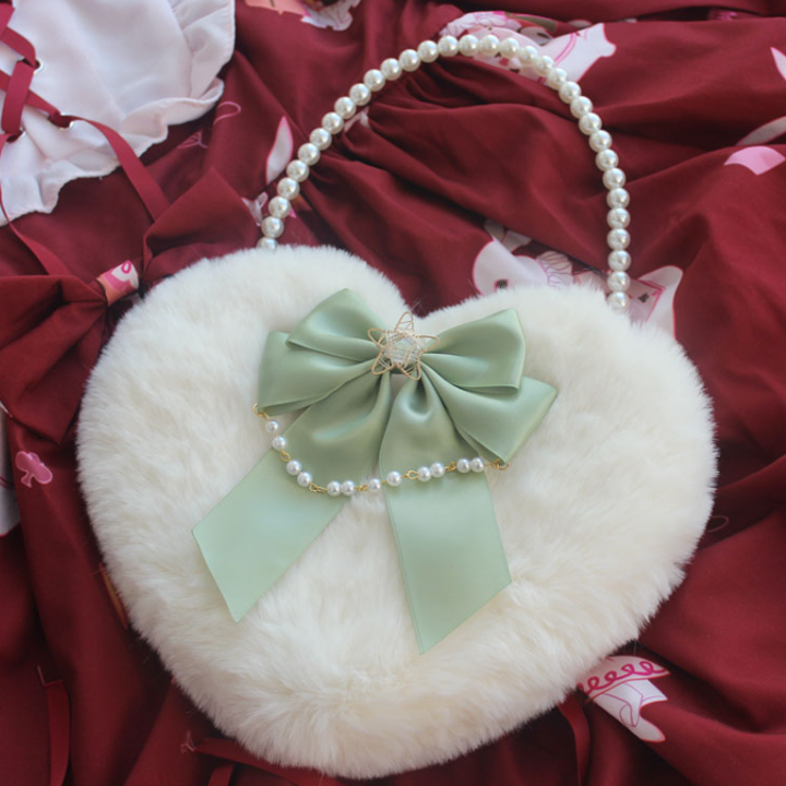 Lolita Pearl Love Shaped Lace Fluffy Bag Carrying Or Cross-Body