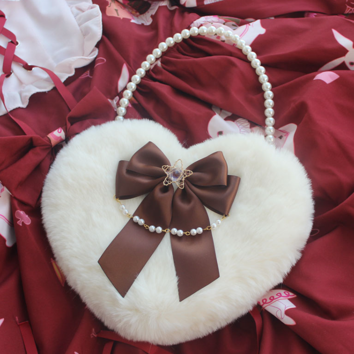 Lolita Pearl Love Shaped Lace Fluffy Bag Carrying Or Cross-Body