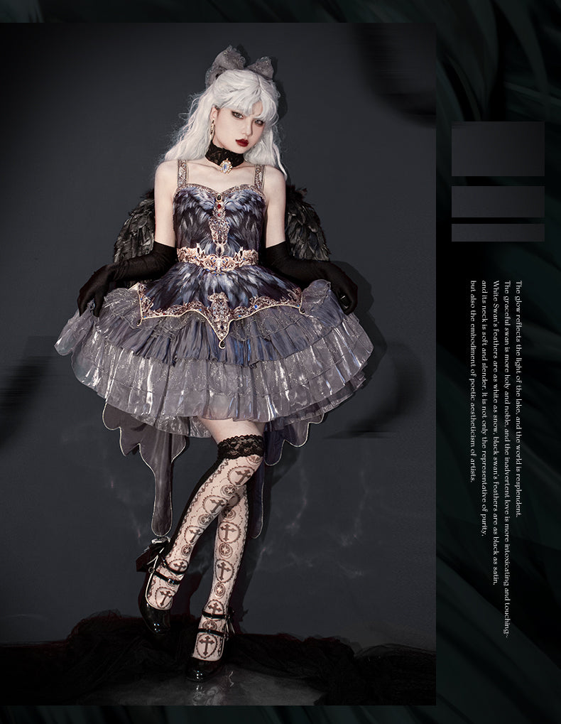 JSK Full Set ♥Pre-order 1 month♥Black Swan Grey Feather ♥Gothic Lolita Dress