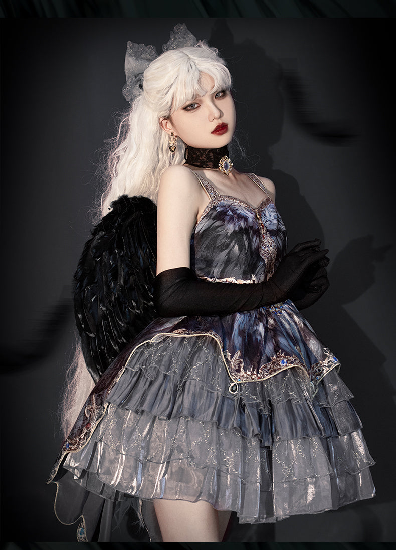 JSK Full Set ♥Pre-order 1 month♥Black Swan Grey Feather ♥Gothic Lolita Dress