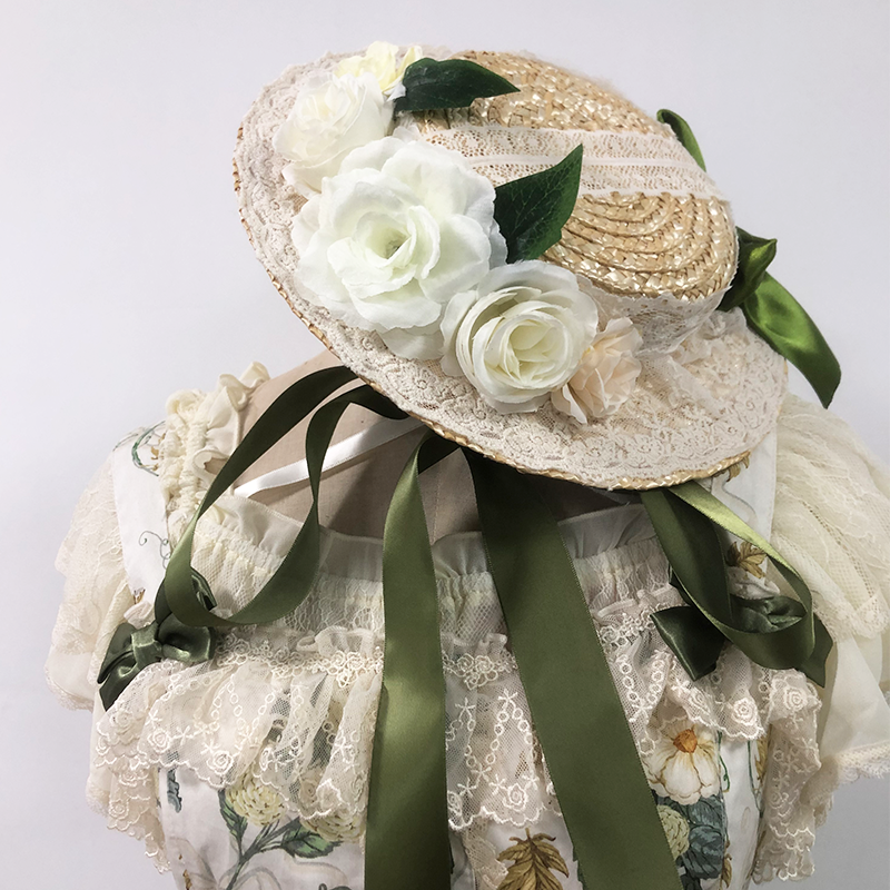 Handmade Floral Green Lolita Straw Hat by nbsamalolita