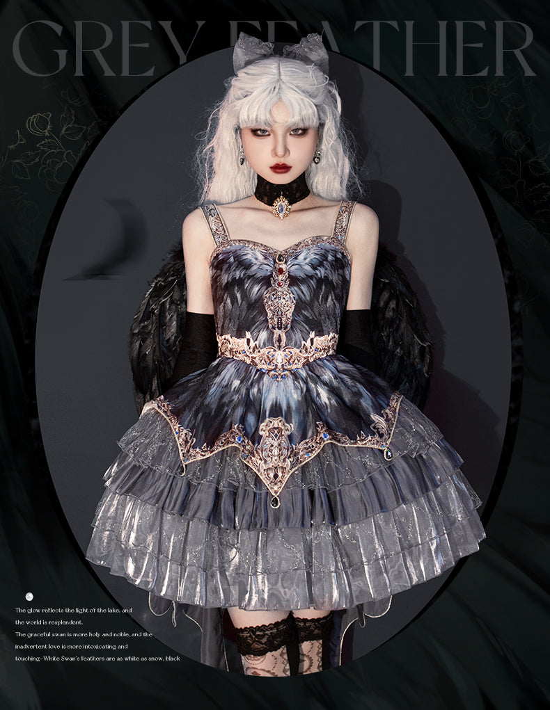 JSK Full Set ♥Pre-order 1 month♥Black Swan Grey Feather ♥Gothic Lolita Dress