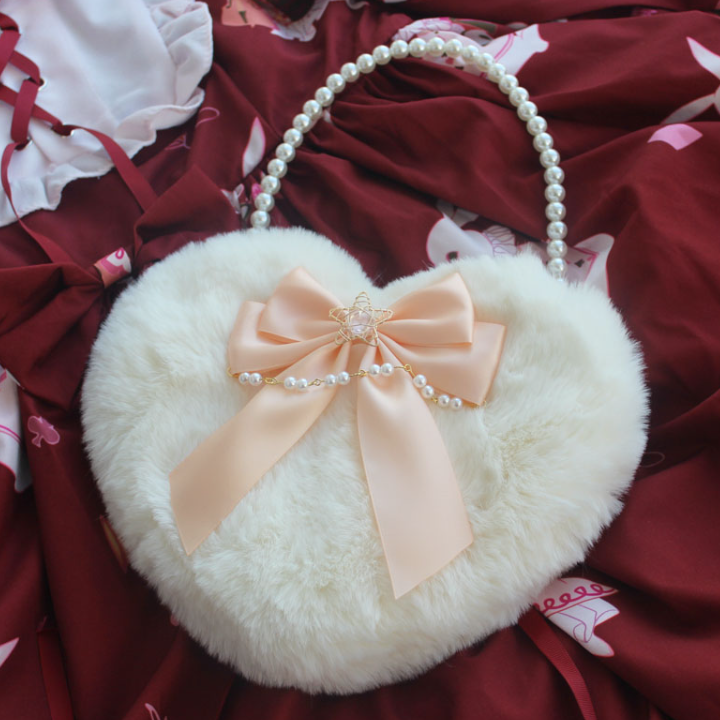 Lolita Pearl Love Shaped Lace Fluffy Bag Carrying Or Cross-Body