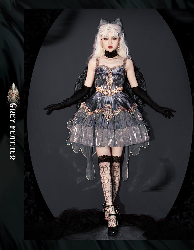 JSK Full Set ♥Pre-order 1 month♥Black Swan Grey Feather ♥Gothic Lolita Dress