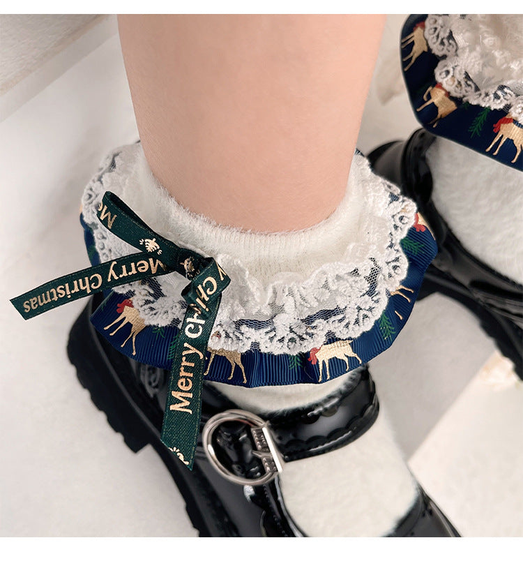 Merry Christmas Nylon Lace Ruffled Trim Short Socks