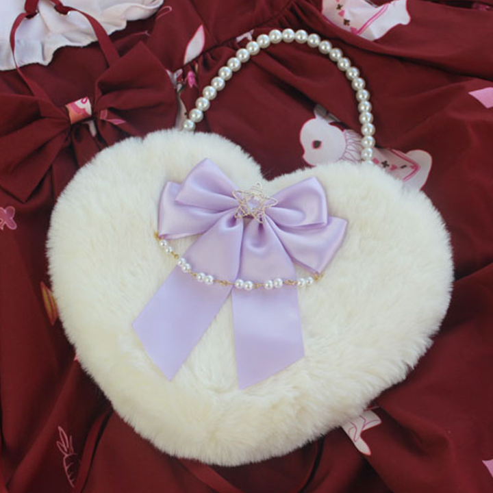 Lolita Pearl Love Shaped Lace Fluffy Bag Carrying Or Cross-Body