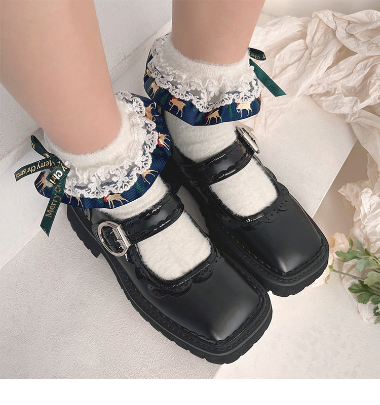 Merry Christmas Nylon Lace Ruffled Trim Short Socks