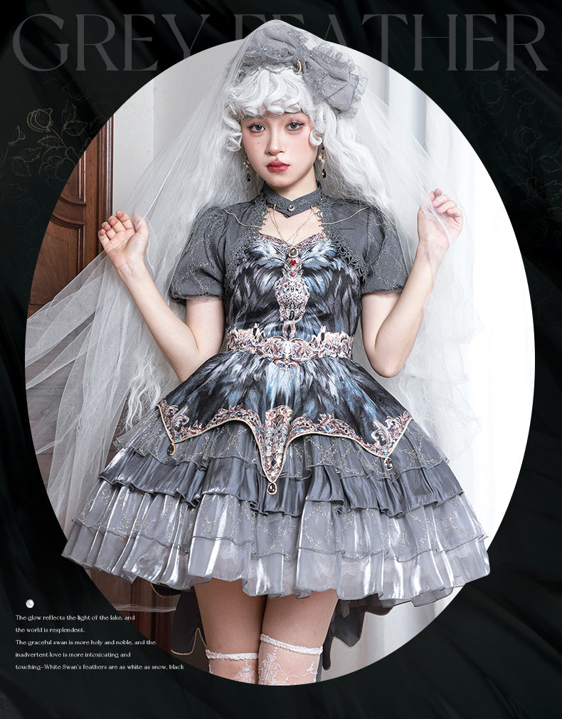 JSK Full Set ♥Pre-order 1 month♥Black Swan Grey Feather ♥Gothic Lolita Dress