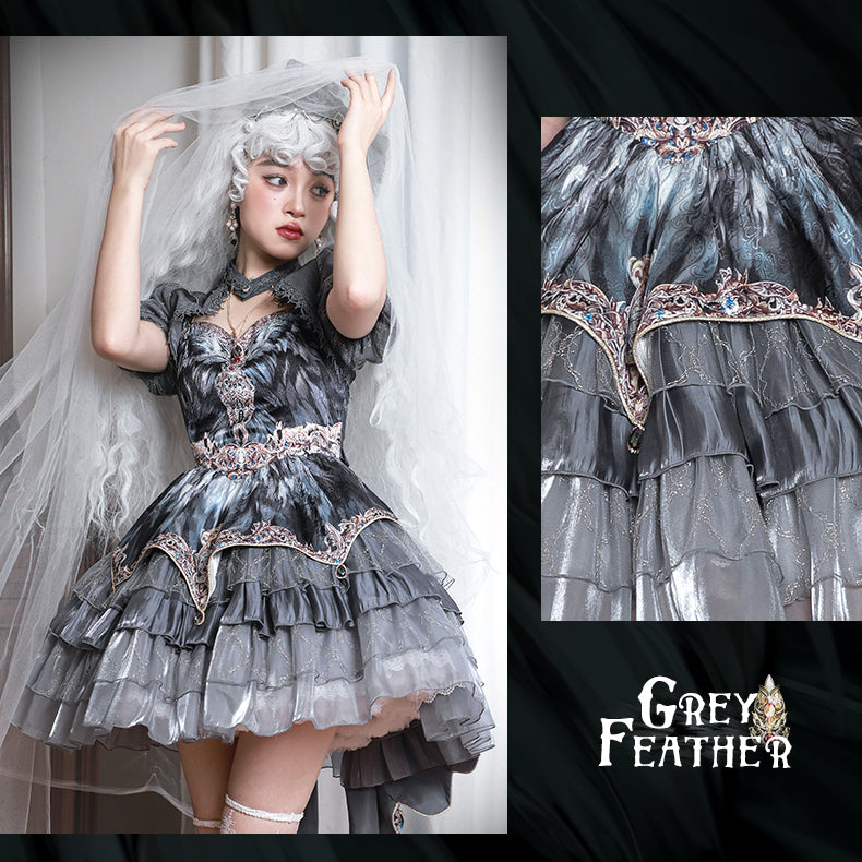 JSK Full Set ♥Pre-order 1 month♥Black Swan Grey Feather ♥Gothic Lolita Dress