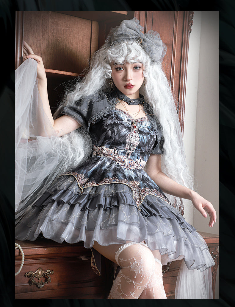 JSK Full Set ♥Pre-order 1 month♥Black Swan Grey Feather ♥Gothic Lolita Dress