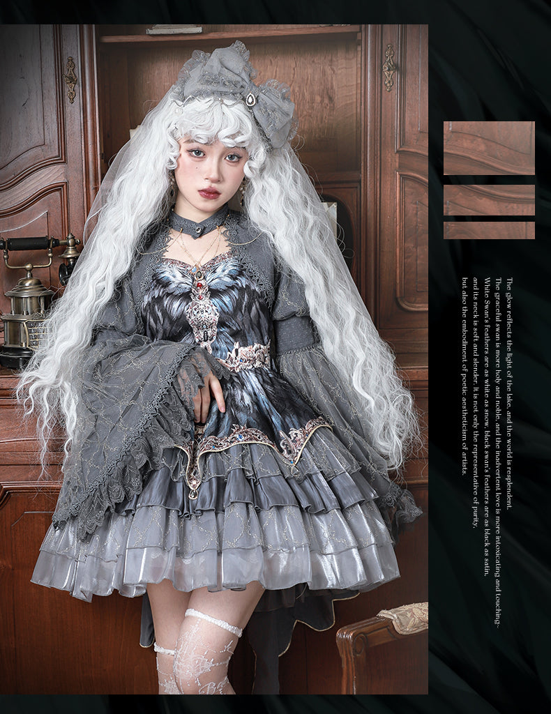 JSK Full Set ♥Pre-order 1 month♥Black Swan Grey Feather ♥Gothic Lolita Dress