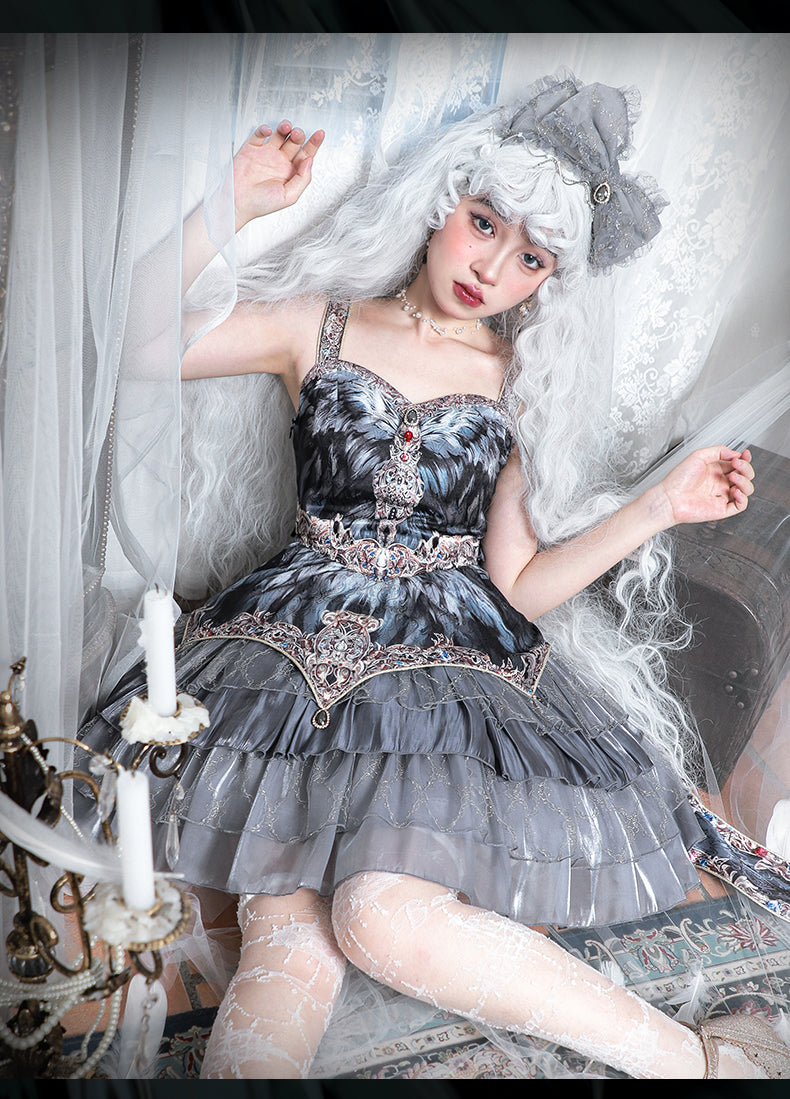 JSK Full Set ♥Pre-order 1 month♥Black Swan Grey Feather ♥Gothic Lolita Dress