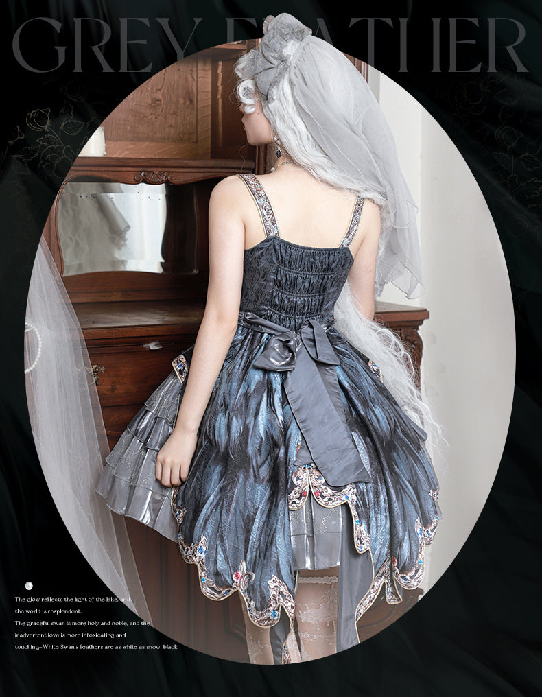 JSK Full Set ♥Pre-order 1 month♥Black Swan Grey Feather ♥Gothic Lolita Dress
