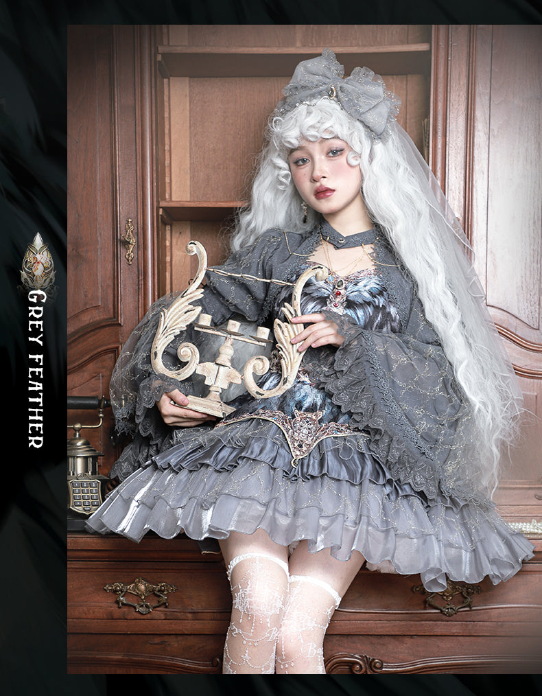 JSK Full Set ♥Pre-order 1 month♥Black Swan Grey Feather ♥Gothic Lolita Dress