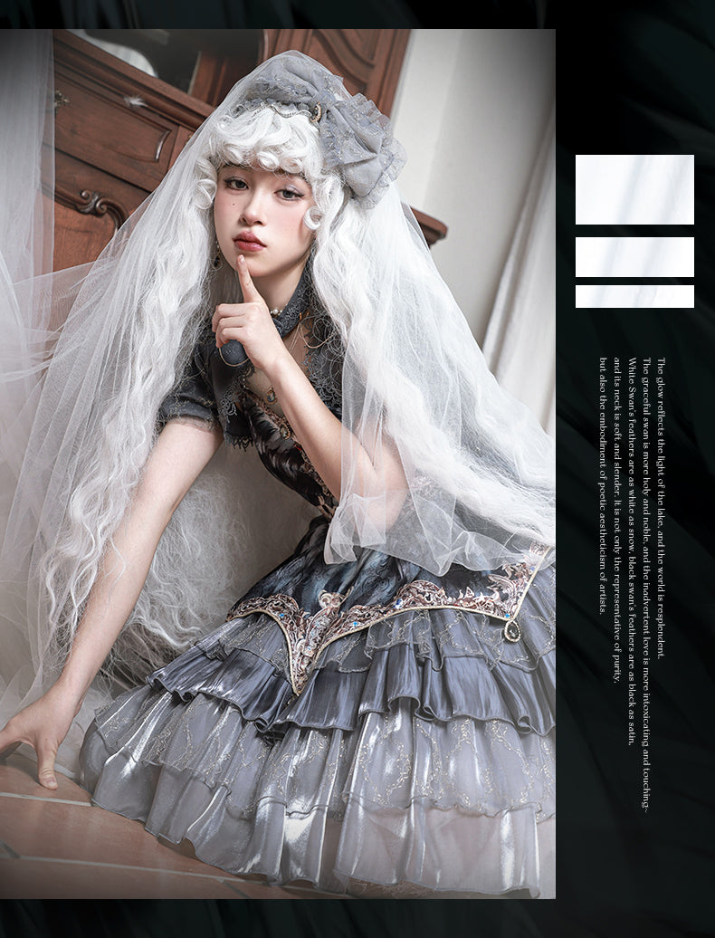 JSK Full Set ♥Pre-order 1 month♥Black Swan Grey Feather ♥Gothic Lolita Dress