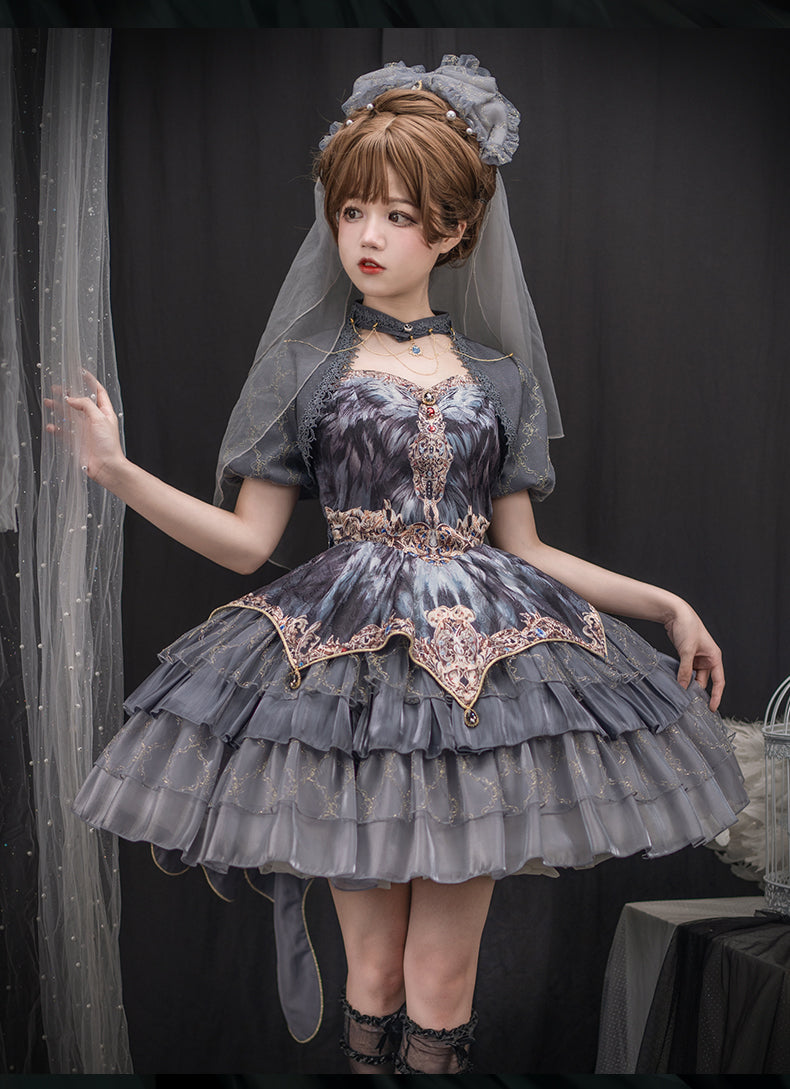 JSK Full Set ♥Pre-order 1 month♥Black Swan Grey Feather ♥Gothic Lolita Dress