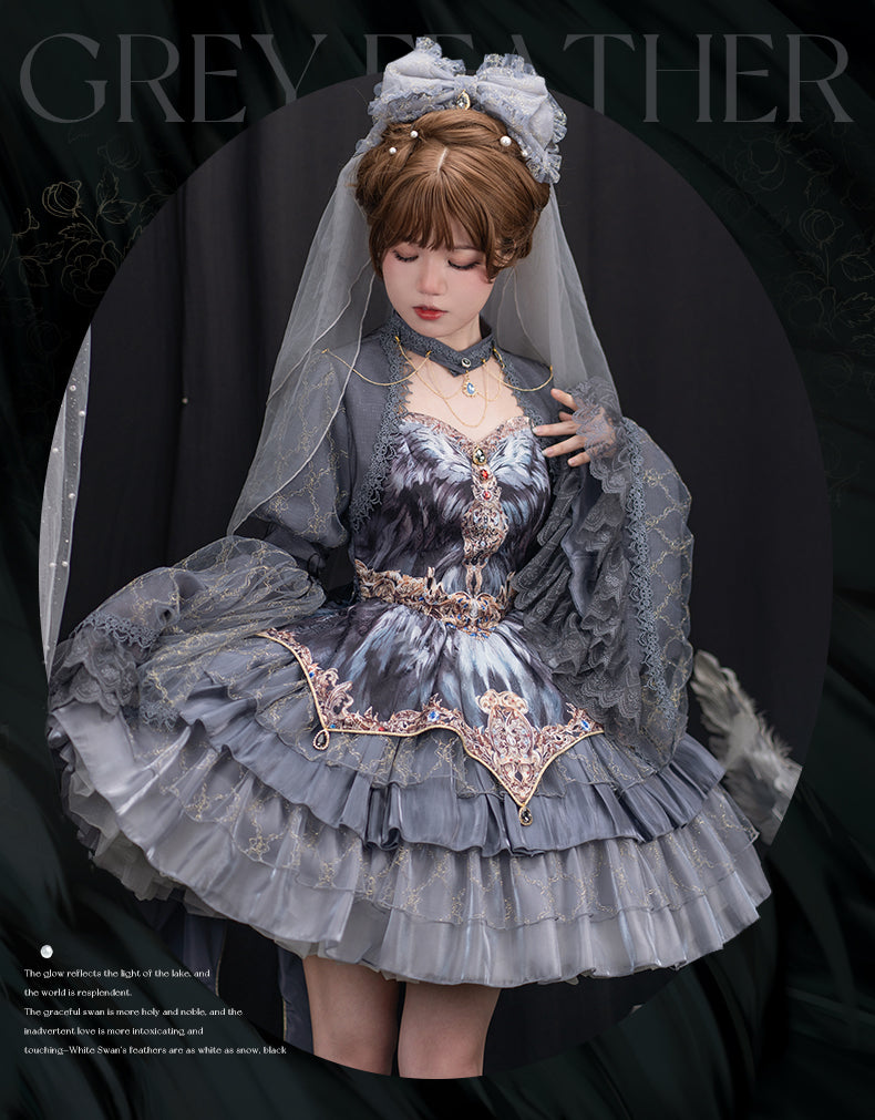 JSK Full Set ♥Pre-order 1 month♥Black Swan Grey Feather ♥Gothic Lolita Dress