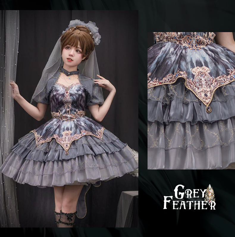 JSK Full Set ♥Pre-order 1 month♥Black Swan Grey Feather ♥Gothic Lolita Dress