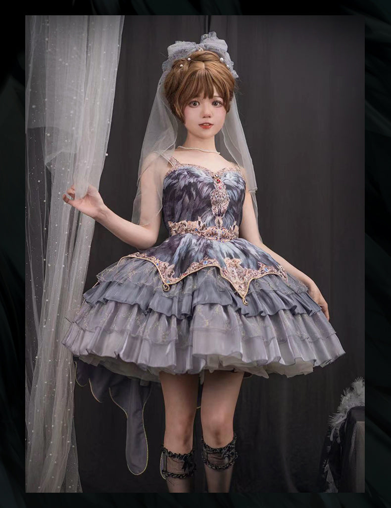 JSK Full Set ♥Pre-order 1 month♥Black Swan Grey Feather ♥Gothic Lolita Dress