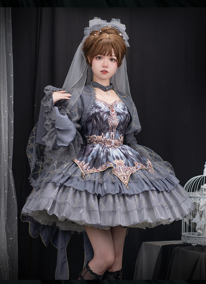 JSK Full Set ♥Pre-order 1 month♥Black Swan Grey Feather ♥Gothic Lolita Dress