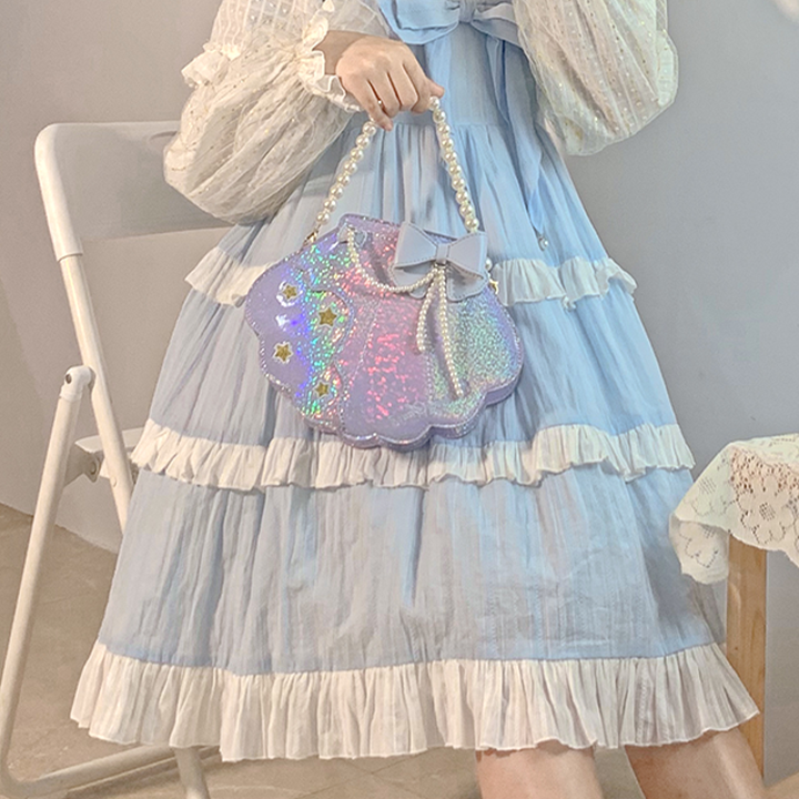 Sweet Lolita Pink Laser Shell Shape Bow Tie Handhold Crossbody Bag