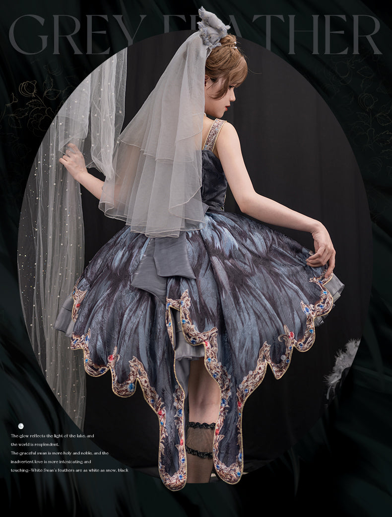 JSK Full Set ♥Pre-order 1 month♥Black Swan Grey Feather ♥Gothic Lolita Dress