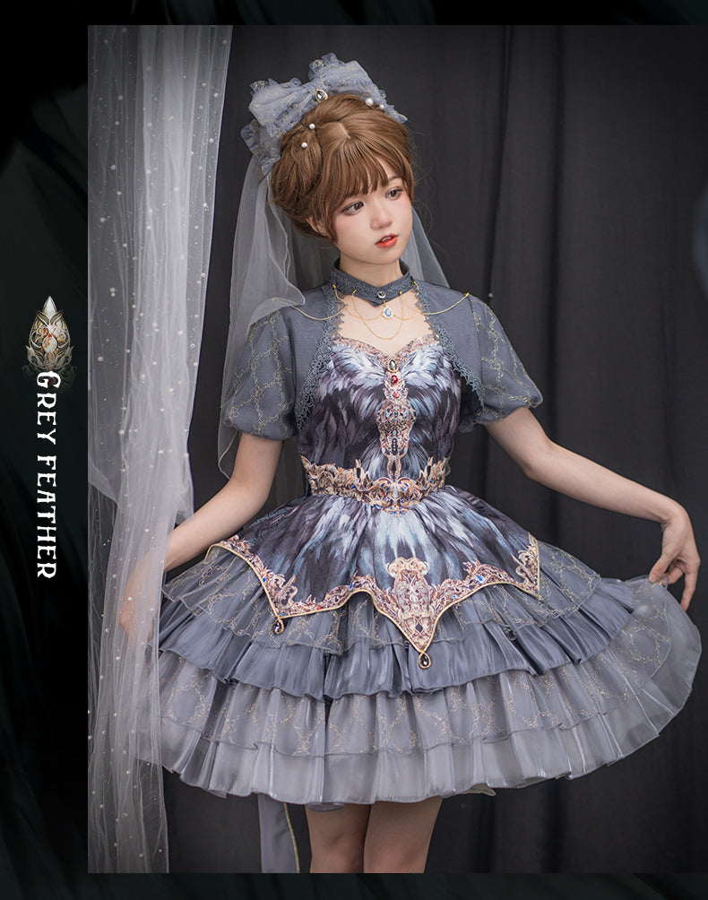 JSK Full Set ♥Pre-order 1 month♥Black Swan Grey Feather ♥Gothic Lolita Dress
