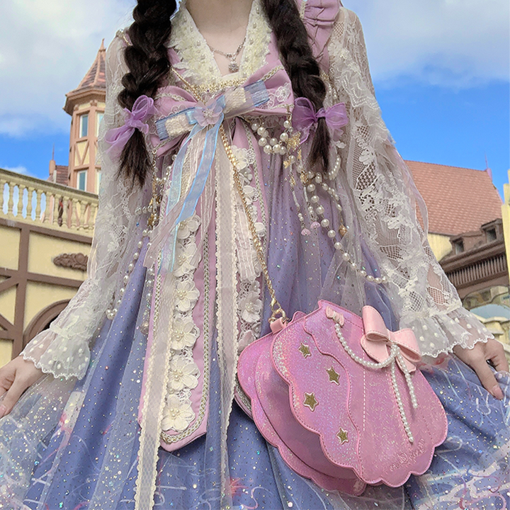 Sweet Lolita Pink Laser Shell Shape Bow Tie Handhold Crossbody Bag