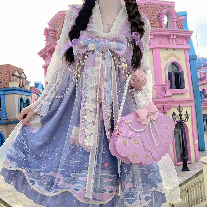 Sweet Lolita Pink Laser Shell Shape Bow Tie Handhold Crossbody Bag