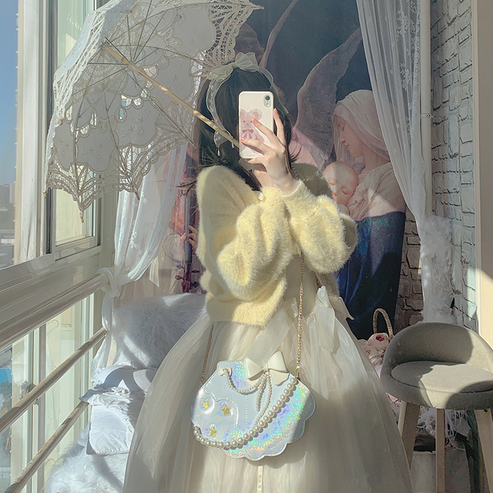 Sweet Lolita Pink Laser Shell Shape Bow Tie Handhold Crossbody Bag