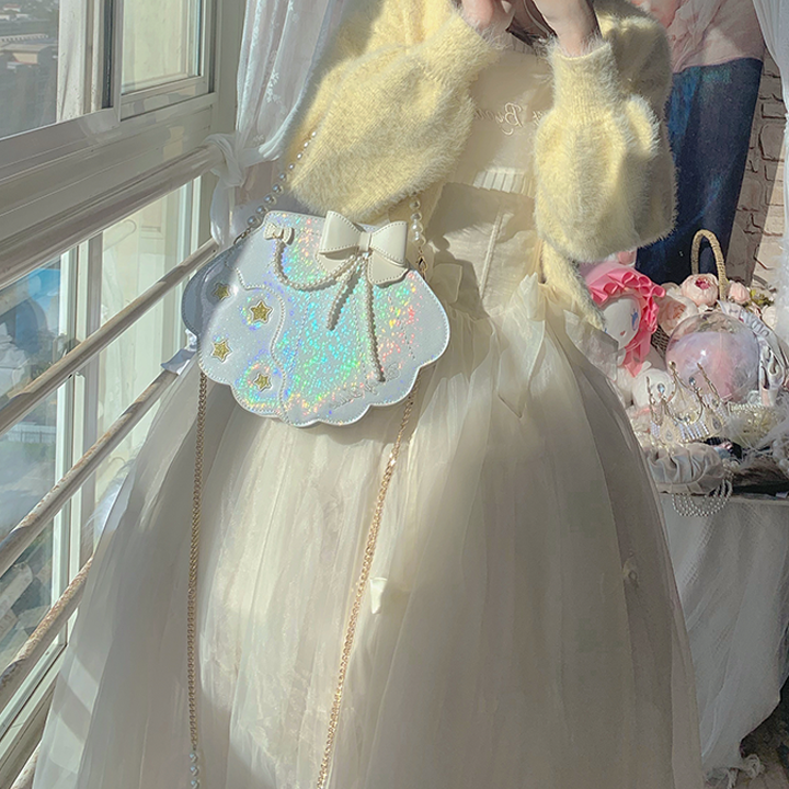 Sweet Lolita Pink Laser Shell Shape Bow Tie Handhold Crossbody Bag