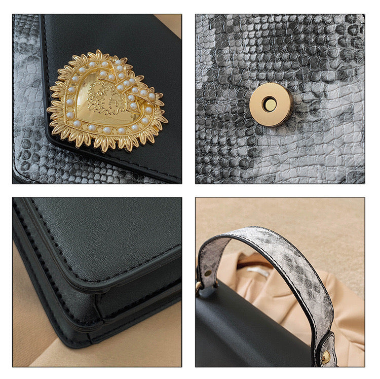 Heart Shape Pearl Inlaid Gothic PU Black Bag